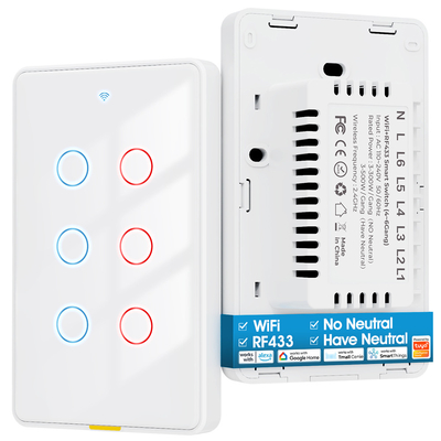 Buen precio Tuya WiFi Switch Timing 6 Gang Voice App Alexa Google Home Sin cable neutro WiFi RF433 US Switch de luz hogar inteligente en línea